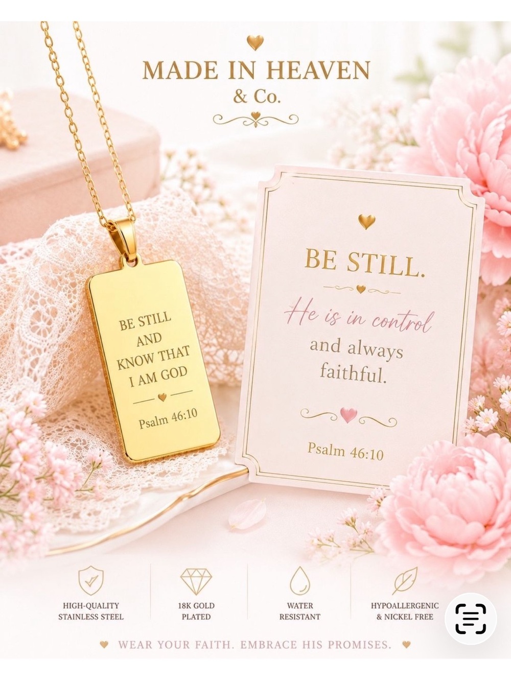 Made in Heaven 18K GOLD PLATED Psalm 46:10 Pendant Necklace